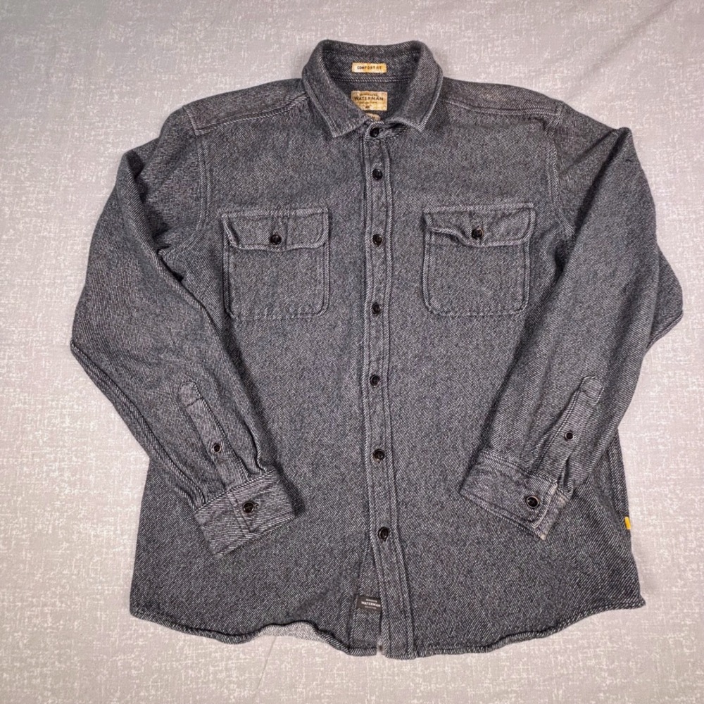 Quiksilver Waterman Tiller Lines Comfort Fit Grey Flannel Button Up Shirt Mens M